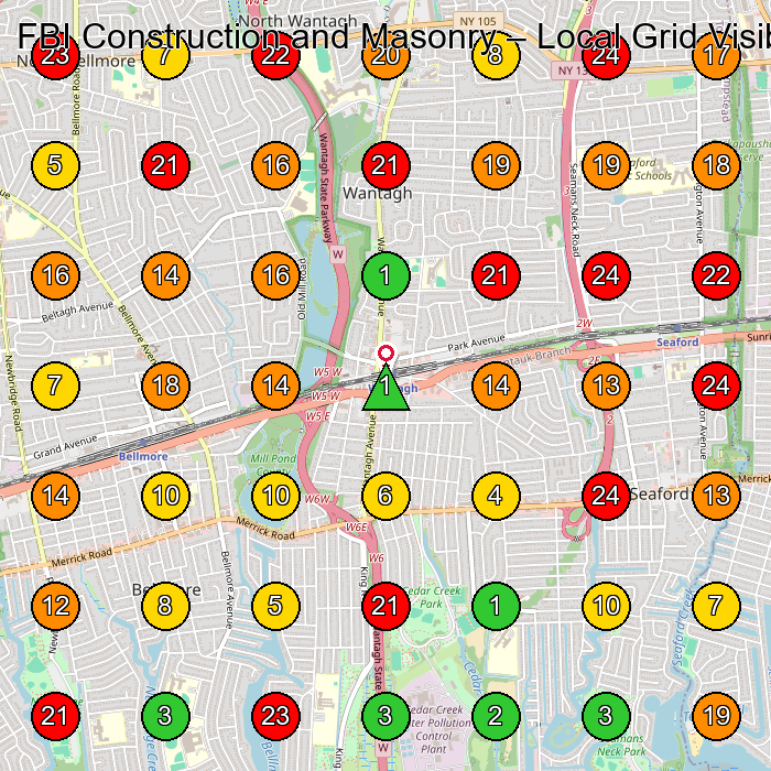 FBI Construction and Masonry Masonry Contractor GeoGrid ranking map for Wantagh NY